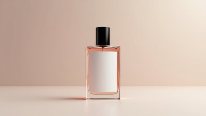 A rectangular glass perfume bottle with a blank label sits on a neutral backdrop, showcasing simple elegance.
