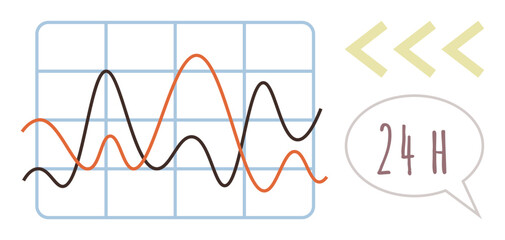 Graph with orange and black lines tracking fluctuations, speech bubble reading 24H, and two yellow arrows. Ideal for data trends, time tracking, analytics, performance, metrics, forecasting