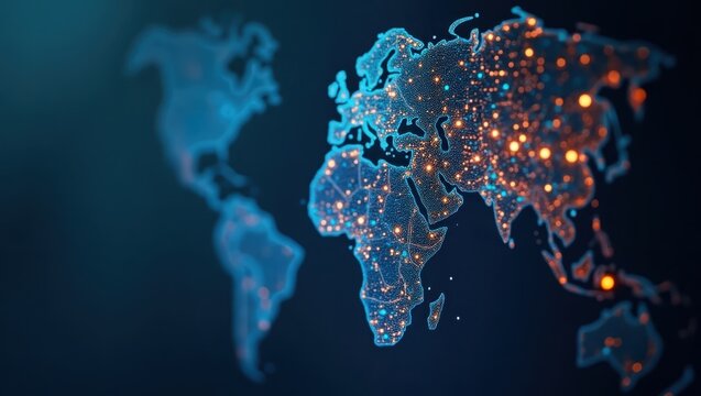 A global network map, showcasing interconnectedness and luminous city lights across continents in a deep blue and orange gradient.