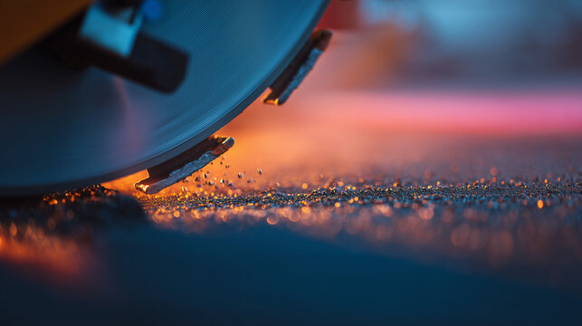 industrial circular saw cutting metal with sparks flying 