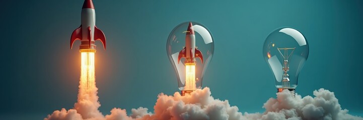 Rocket ship launching from light bulbs, symbolizing innovative ideas and inspiration.  Three light bulbs, each with a rocket inside, portray the concept of generating new solutions.