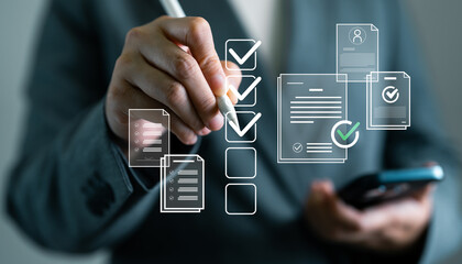 Document approval and business productivity tracking concept. Businesswoman using digital pen to check off virtual checklist on transparent screen, task management and ISO compliance verification.