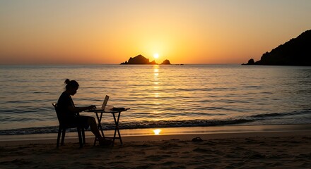 Fototapeta premium Woman working outdoors at sunrise