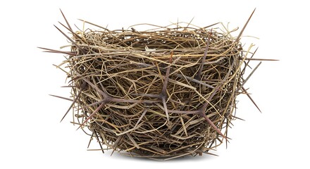 Obraz premium 白背景に写る鳥の巣、棘のある枝で丁寧に編まれた小鳥の巣