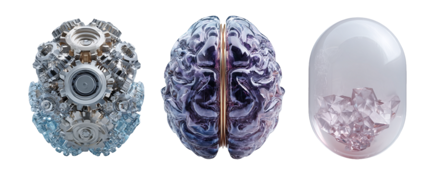Abstract Brain Design with Gears and Crystals in Three Perspectives