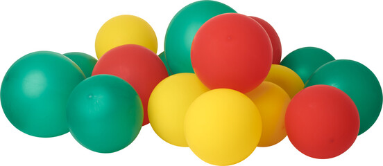 dense cluster of bright solid-colored balloons isolated white background, mix of red, yellow and green, celebrating party and festive occasion