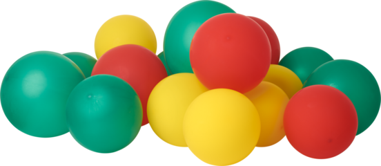 dense cluster of bright solid-colored balloons isolated white background, mix of red, yellow and green, celebrating party and festive occasion