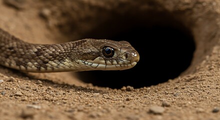 Obraz premium 砂地から顔を出すヘビ 野生動物の生態写真