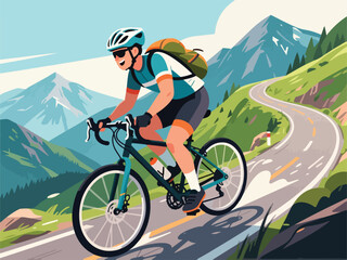 Fototapeta premium Flat Design of Adventurer Character Riding Bicycle through Mountains - Flat 2D Vector Illustration