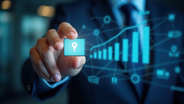 A hand interacts with a digital location marker overlaid on a business data visualization.