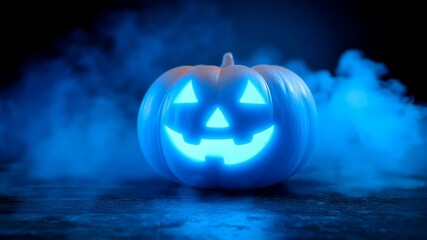 Halloween neon party glowing jack o lantern pumpkin with eerie blue light, mist and fog creating playful spooky glow - Powered by Adobe