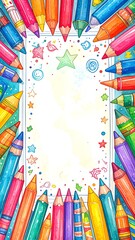 Colorful pencils frame a blank drawing paper with kid-friendly doodles
