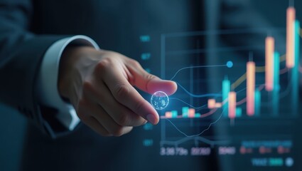 A hand interacts with a digital representation of financial data, highlighting a globe icon amongst various graphs and charts.