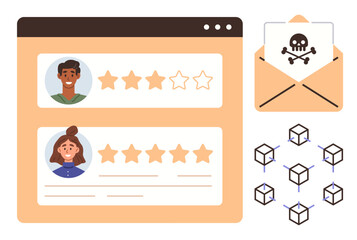 Rating profiles with stars, malware email alert, blockchain network connected as cubes. Ideal for digital security, customer feedback, trust, technology, online evaluation, cybercrime communication