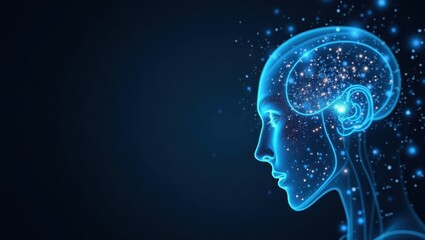 A profile view of a digital human head, showcasing intricate inner workings, illuminated by ethereal blue light against a dark backdrop.
