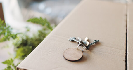 Keys, new house and empty with boxes for moving, real estate investment and purchase with package....