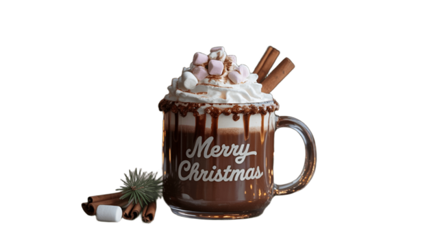 A festive mug of rich hot chocolate, adorned with marshmallows and cinnamon sticks, evokes the warmth of the Christmas season.