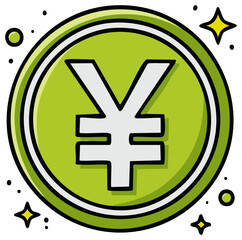 Obraz premium Green Yen or Yuan Currency Coin Icon Illustration with Shine and Sparkles, Doodle Style