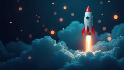 A stylized rocket ship launches dramatically into a night sky filled with clouds, glowing with bright orange flames.