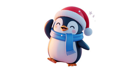 Fototapeta premium A cheerful penguin wearing a santa hat and a blue scarf is waving.