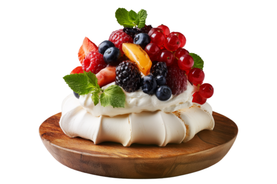 Australia pavlova Meringue dessert with crisp crust and fresh berries, fruits, and mint leaves on wooden plate, isolated on white transparent background