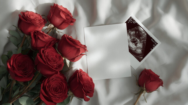 Red roses and ultrasound photo on white fabric background  