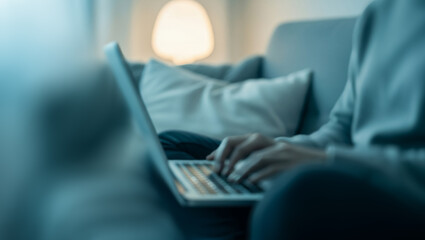 Person using a laptop computer indoors on a sofa in a blurred setting.