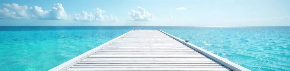 Obraz premium A pristine white pier stretches out over calm, blue water, bathed in sunlight The wooden planks gleam, reflecting the sky Perfect for travel, summer, coastal, and vacation themes , planks, sky