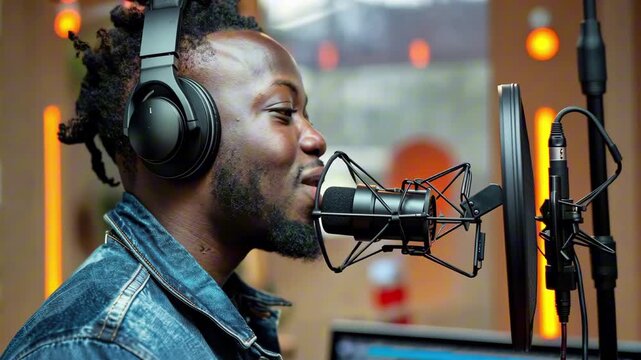 Close-up of smiling afro american man in headphones speaking into microphone in recording booth with warm bokeh lights. Concept of voiceover and audio storytelling