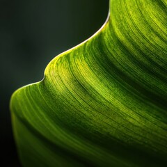 Close-up of a vibrant green leaf showcasing intricate textures and natural patterns in soft light against a blurred background