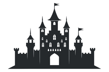 Obraz premium Castle silhouette on a hill at night in fairytale style vector illustration