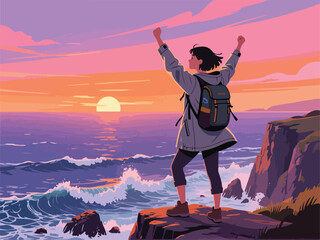 Flat Design of Adventurer on Cliff Overlooking Ocean at Sunset - Flat 2D Vector Illustration