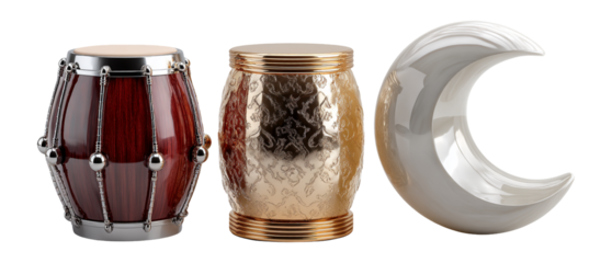 Unique Decorative Drums and Modern Crescent Shaped Object Display