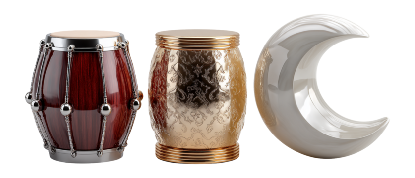 Unique Decorative Drums and Modern Crescent Shaped Object Display