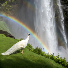 A white peacock standing on green grass near a waterfall with rainbows in the mist.