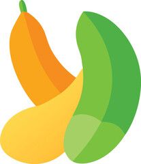 Geometric vector icon of bottle gourd and french bean merged, bold colorful flat design, top view.