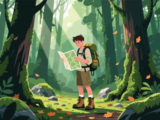 Flat Design of Adventurer Navigating Dense Forest with Map - Flat 2D Vector Illustration