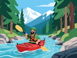 Flat Design of Adventurer Kayaking Through River - Flat 2D Vector Illustration