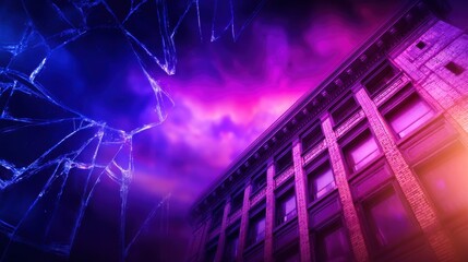 Obraz premium A vibrant cityscape featuring a cracked glass effect with purple and blue hues above an old building