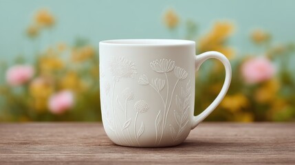Fototapeta premium A beautifully crafted ceramic mug, delicately embossed with floral patterns, sits gracefully atop a rustic wooden table, evoking a sense of warmth and tranquility.