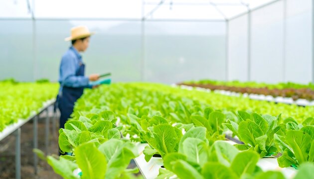 Hydroponic farm worker checks crops - Powered by Adobe
