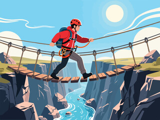 Flat Design of Adventurer Crossing Rope Bridge over Ravine - Flat 2D Vector Illustration