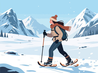 Flat Design of Adventurer Trekking Across Snowy Mountain Landscape - Flat 2D Vector Illustration