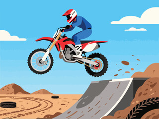 Flat Design of Motocross Rider Jumping Off Ramp - Flat 2D Vector Illustration