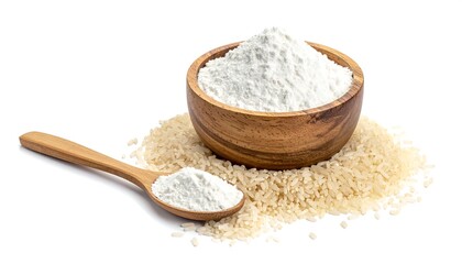 Wooden bowl of rice flour with a wooden spoon and grains of rice