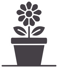 Simple graphic of a potted flower with multiple petals and leaves