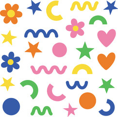 Retro Cartoon Sticker Set with Abstract Clouds, Funky Flowers, Stars, Bubbles and Wavy Shapes in Groovy Style