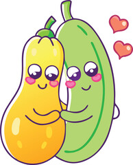 Cute emoji-style icon of bottle gourd and french bean hugging, colorful vector line art.
