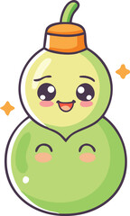 Cute chibi style bottle gourd with french bean face, playful flat colorful icon.