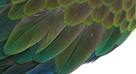 Naklejka premium 美しい緑青色の鳥の羽根 鮮やかな色彩と質感 マクロ撮影